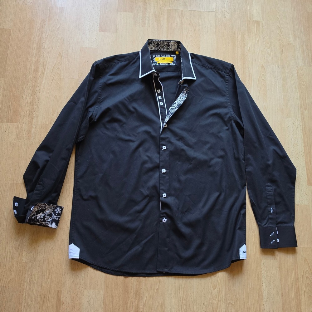 Brio Milano Dress Shirt Mens XL Black Contemporary Fit Paisley Contrast Cotton